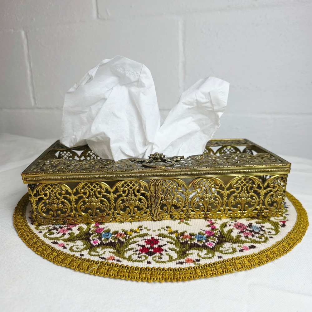 Vintage Filigree Metal Tissue Box Cover Hollywood Glam Regency Gold Rectangular